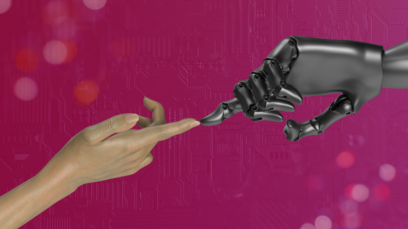 Human hand and robotic hand symbolising how AI supports rather than replaces assistants